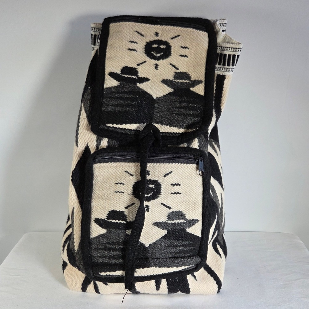 Vintage Southwestern Woven Wool Backpack Cream Black Geometric Sun Folk Art Bag